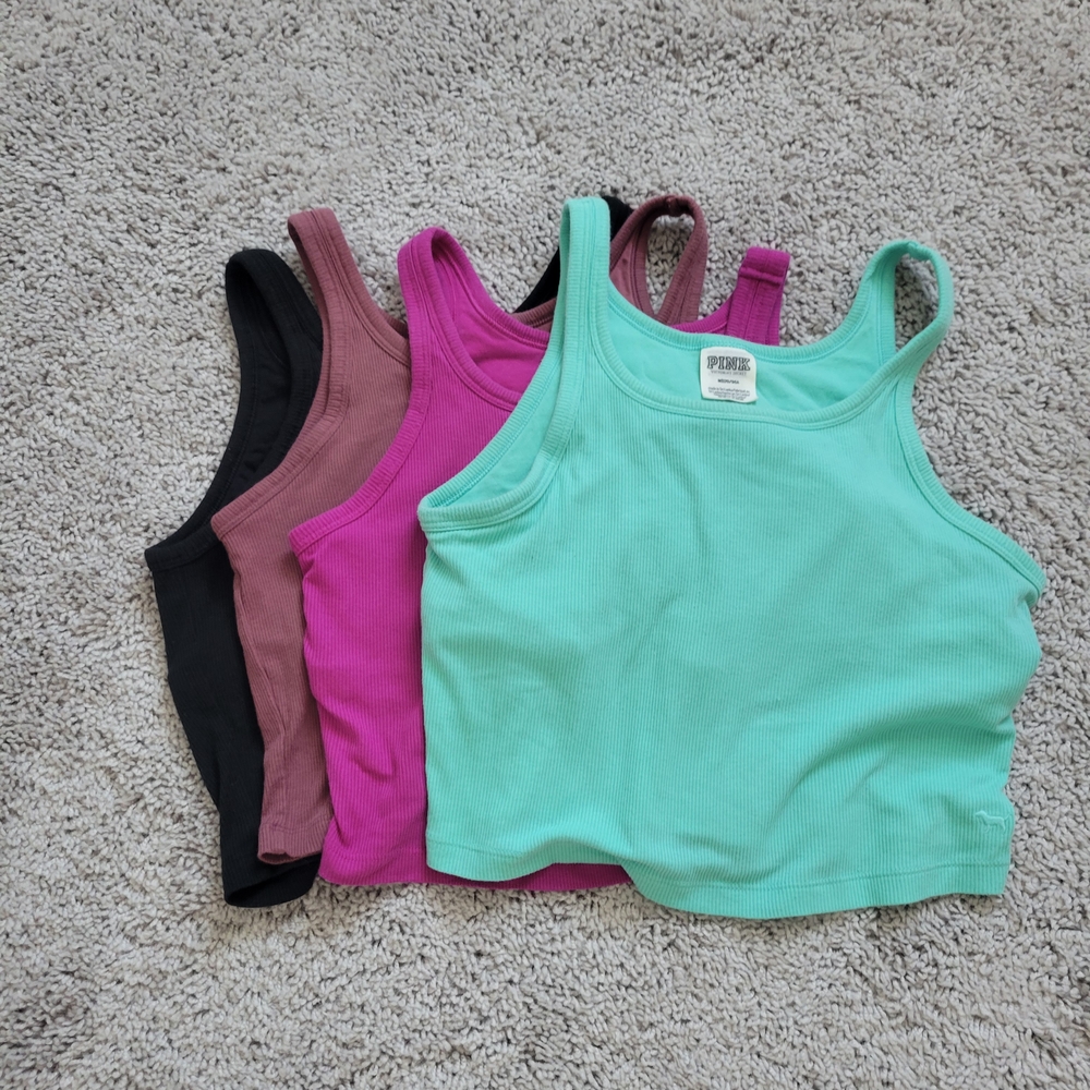 PINK Victoria's Secret Black and Pink Fitted Crop Tank Tops